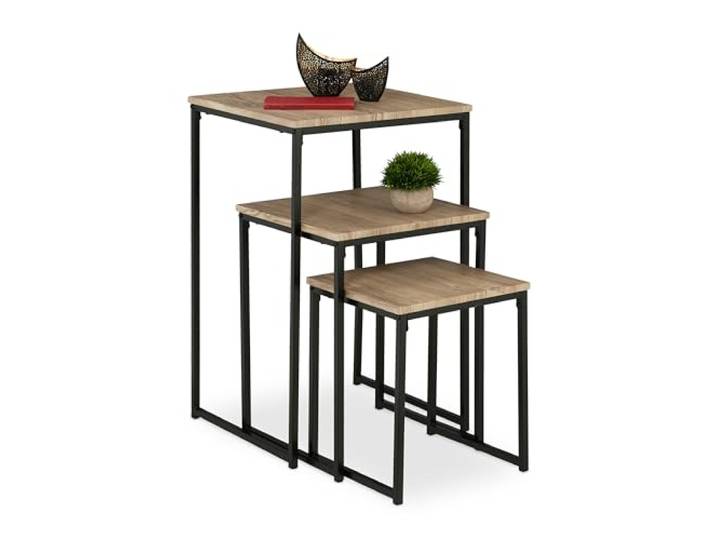 Relaxdays Beistelltisch 3er Set, quadratisch, Metall, grau/schwarz