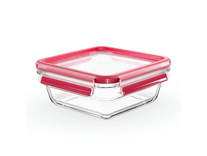 EMSA Clip & Close Glas Frischhaltedose, quadratisch, 0,8 L, 100 Prozent dicht, rutschfestes Stapeln, Glasbehälter spülmaschinen-, gefrier-, backofen-, mikrowellenfest, Rot, Transparent, N10414