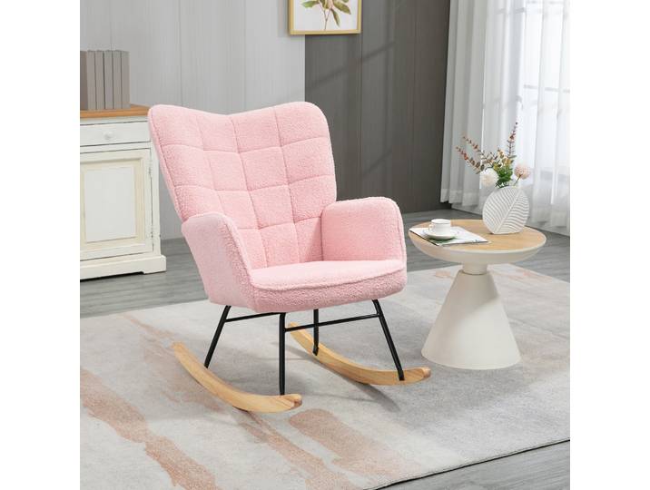 HOMCOM Fauteuil à bascule rocking chair revêtement bouclette structure en acier 71 x 98 x 101 cm rose