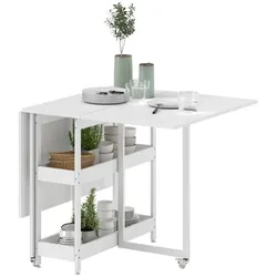 STILVORA Klapptisch Holz Weiß 133,4x80x75 cm mit 2 offenen Ablagen und Rädern