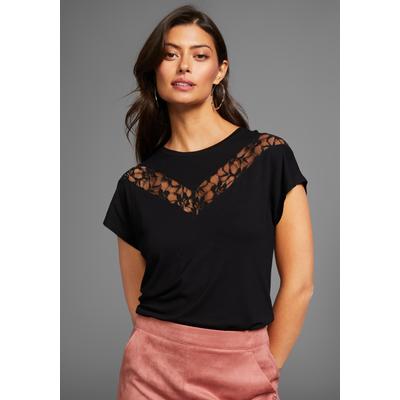 Rundhalsshirt LAURA SCOTT, Damen, Gr. 34, schwarz, Single Jersey, Obermaterial: 95% Viskose, 5% Elasthan. Spitze: 100% Polyester, unifarben, figurumspielend hüftlang, Rundhals, angeschnitten, Shirts Rundhalsshirt, angeschnittene Kurzarmärmel,...