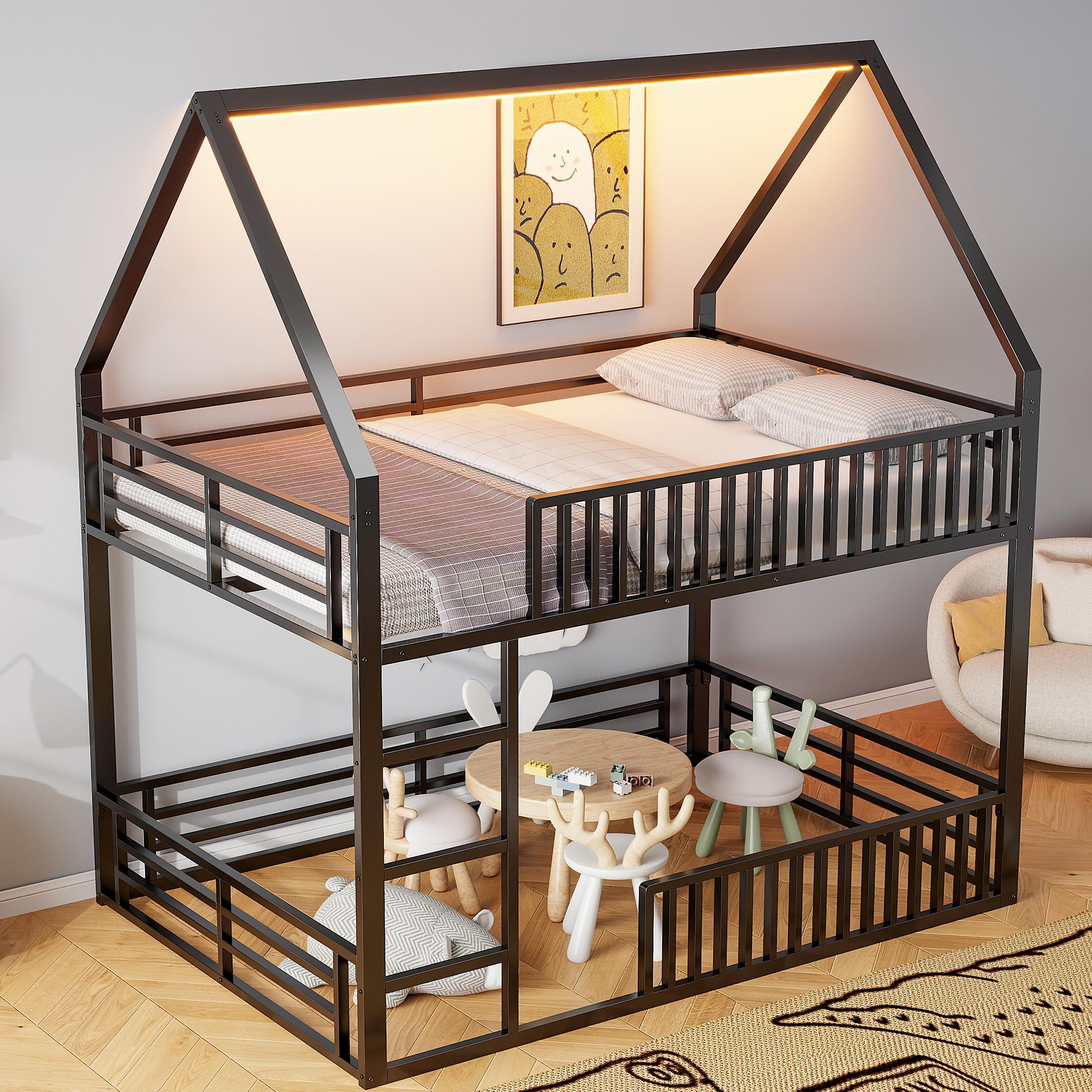 STILVORA 140×200 Etagenbett mit Matratze&Schutzgeländer im Zaunstil,Doppelbett in Haus-form mit LED-Beleuchtung und Leiter,Jugendbett ohne Matratze,Schwarz