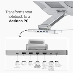 Desq Vollständig einstellbarer Laptop-Ständer mit USB-C-Hub, HDMI und PD-Ladefunktion, Notebook Ständer, Silber