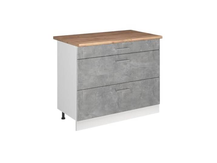 Vicco Küchenunterschrank R-Line, Beton/Weiß 100 cm 3 Schubladen · Arbeitsplatte Eiche · Höhenverst. Füße · Leichter Zugriff · Frei kombinierbar