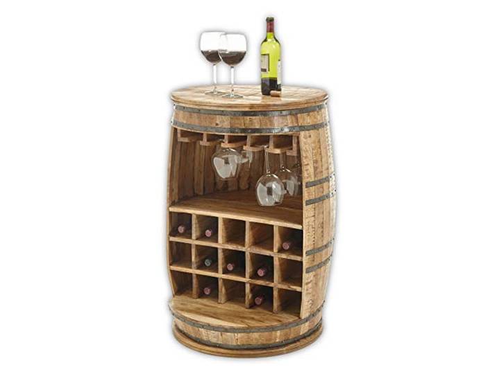 FIASKO Barschrank Weinschrank Vintage Weinfass Fass Schrank Massiv Mango 58 x 91 x 58 cm (B/H/T), halboffenes Fass im Vintage Style, Gläserhalterungen, Flaschenfächer für bis 15 Weinflaschen, Ablage