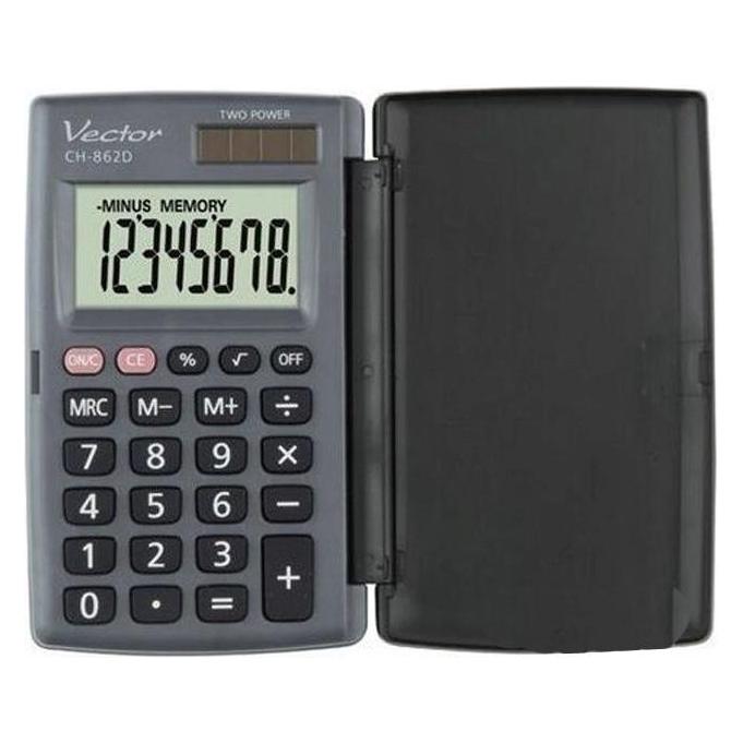 Vector Taschenrechner mit Klappe KAV CH-862D grau (Batteriebetrieb, Solarenergie) (Vector KAV CH-862D)