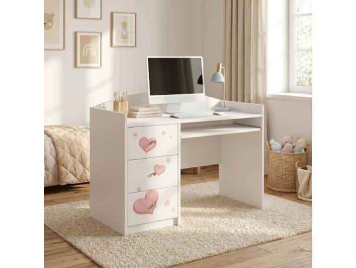 Happy Babies Weißer Kinderschreibtisch mit Schublade und Schrankfach, Schülerschreibtisch für Jungen & Mädchen, PC-Tisch Lerntisch mit Motiv (Nr 16)