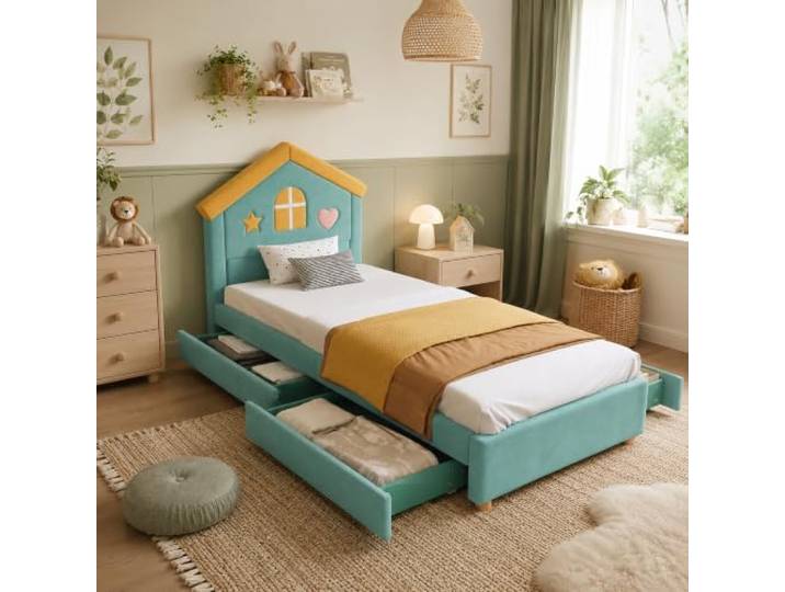 ModernLuxe Hausbett 90x200 cm,Polsterbett,4 Schubladen,Stauraumbett Gepolstertes Haus-Kopfteil aus französischem Samt, 150 kg belastbar, mit vier Schubladen, ohne Matratze