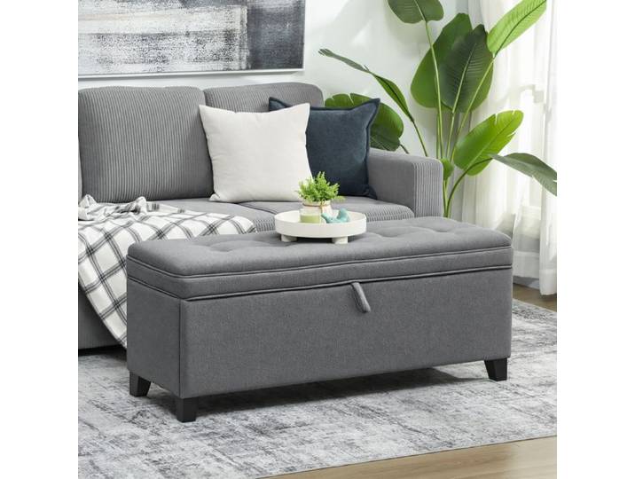 Banc de rangement 112L banquette bout de lit en tissu de lin siège capitonné 120 x 40 x 48 cm gris foncé