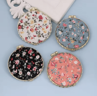 Inspire Curations Vintage Floral Double Sided Pocket Makeup Mirror round blue