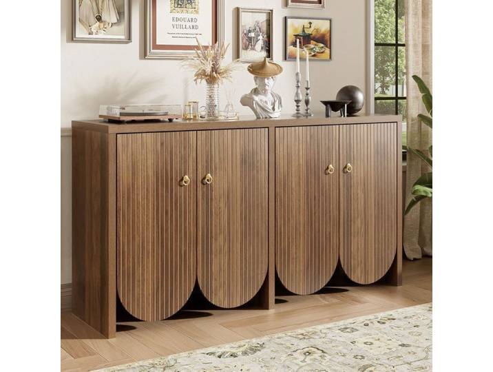 Buffet salle a manger bas bois 147x40x80 cm Meuble de rangement salon avec 4 portes tagres rglables poignes mtal - noyer BUFFET