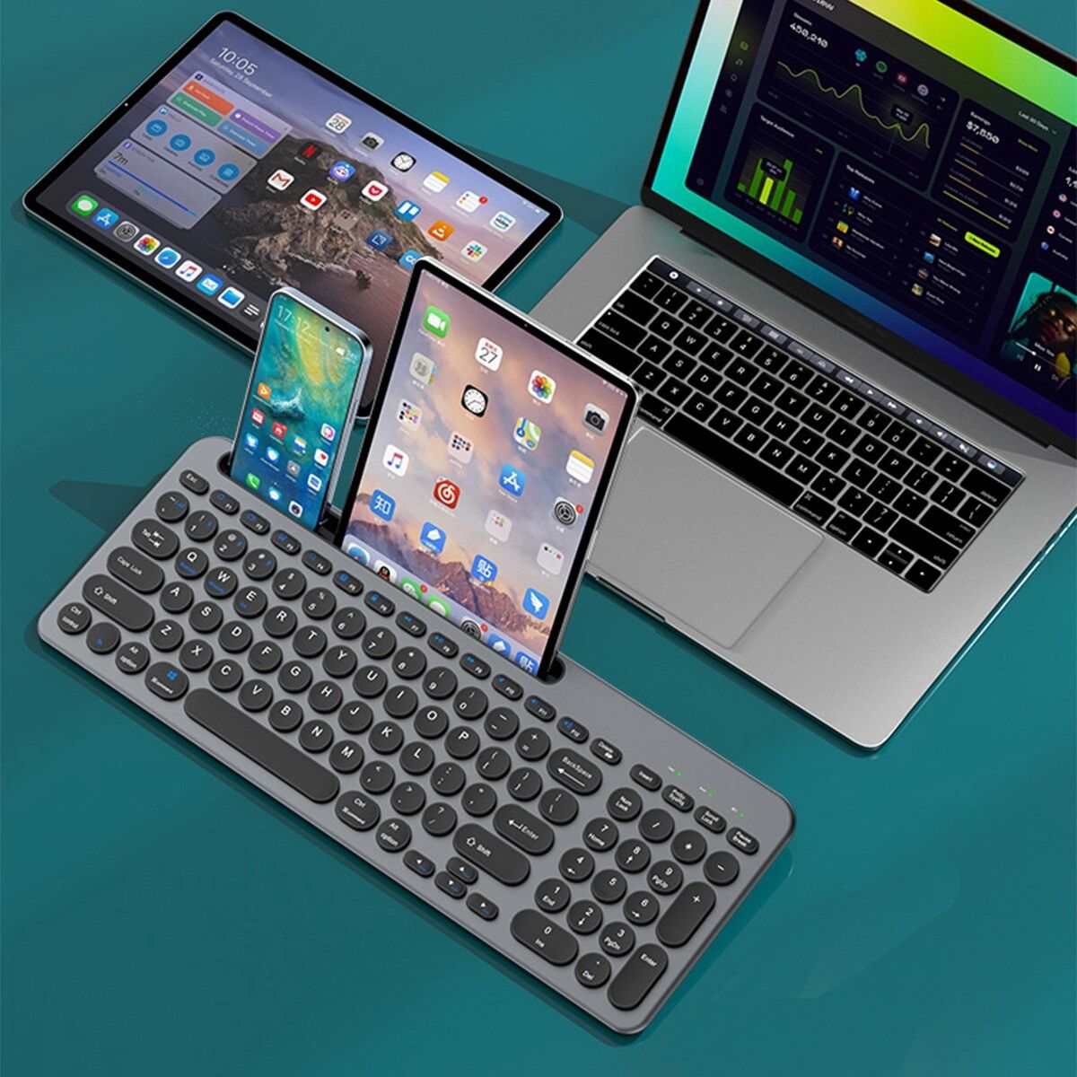 INF Tri‑Modus kabellose Tastatur mit Dual‑Bluetooth & 2.4G, USB‑C wiederaufladbar, Scissor‑Switch, flaches Design, kompakt,