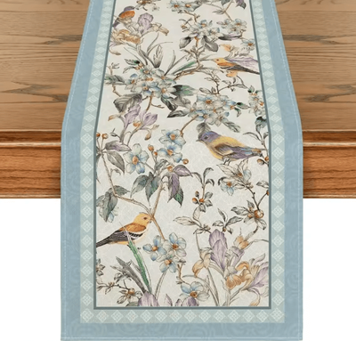 Uplift Curations Blue Birds & Blossom Linen Table Runner Elegant Spring Dining Decor 78.7x13inch
