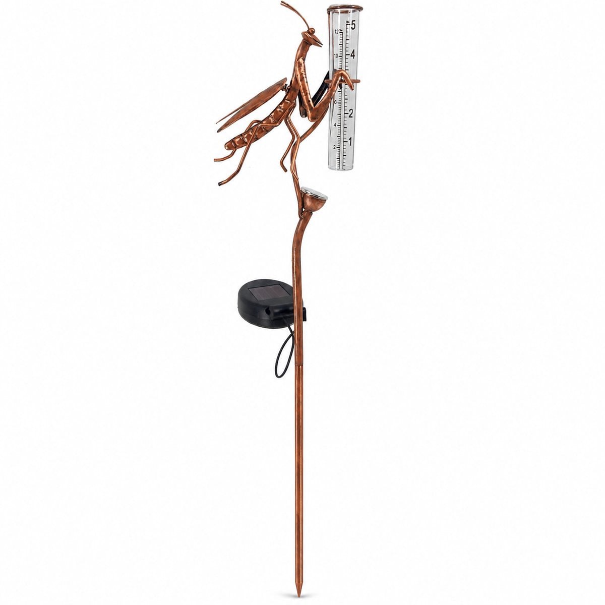 Solar Regenmeter met LED-verlichting en Biddende Sprinkhaan - Glazen Regenmeter met Metalen Grondpen - 12 cm