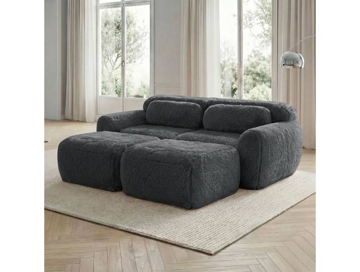 Canapé modulable - SOGEU - Canapé Nuage - Tissu pelucheux doux - 2 ottomans - Convertible en lit
