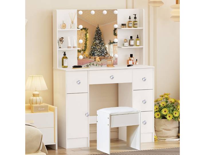 Grande coiffeuse et tabouret avec miroir LED, 5 tiroirs, vanité de bureau de maquillage