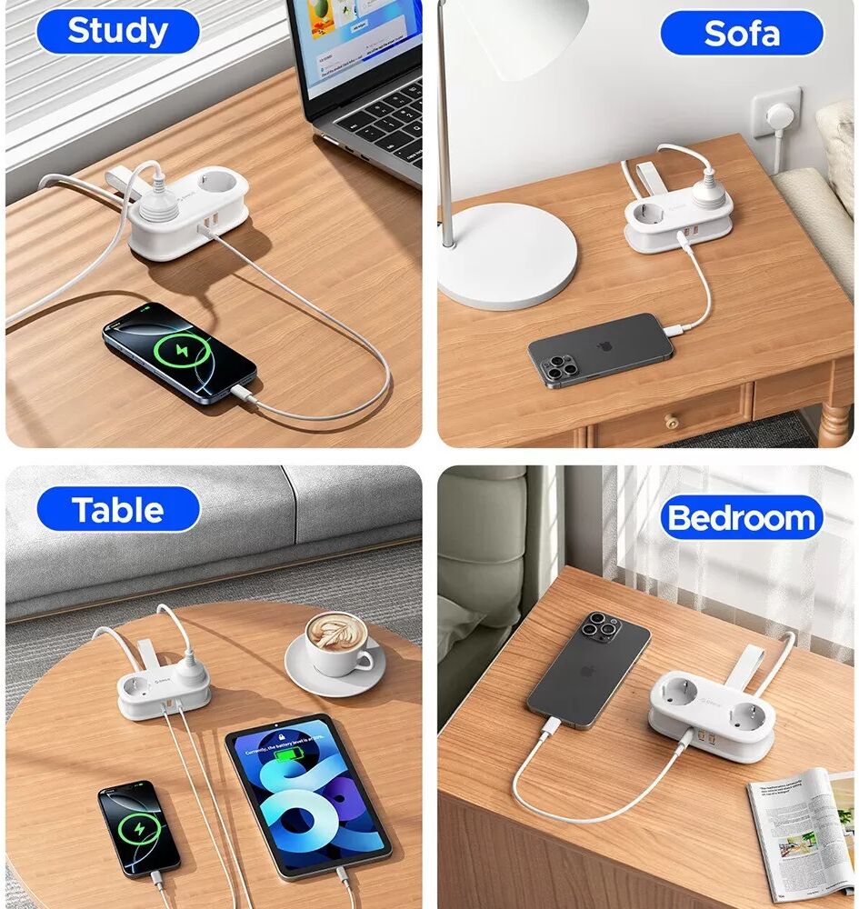 INF Europäische Standard PD20W Steckdosenleiste mit USB-Anschlüssen und Kabelaufwicklung Schwarz
