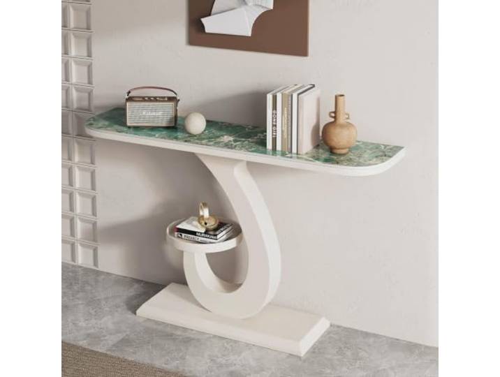 LEUBDIBR Creme‑farbene Sinterstein‑Konsolentisch, Halbmond‑Eingangstisch Sintersteinplatte, Halbmond‑Design, robuster Metallrahmen, moderner Stil(White+green,150cm/59.1 )