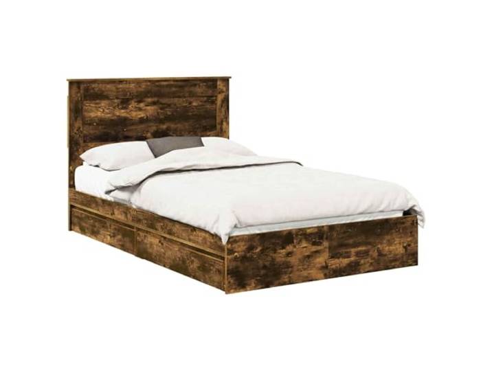 PUGYNBK Bett mit Schublade aus rauchiger Eiche, 135 x 190 cm Lattenrost mit Plattform, Holz, verdeckte Schubladen, modernes Design