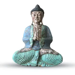 Vintage Blue Mint Hand Carved Buddha Statue - 40cm - Welcome
