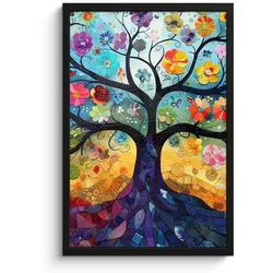 POSTER MIT RAHMEN Kunst - Baum des Lebens - Blumen - Hippie Bilder mit Rahmen 40x60 cm