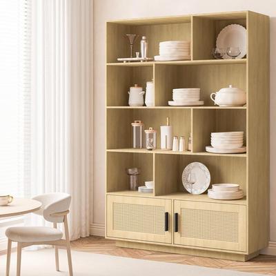 Garvee 63in Boho Bookshelf with Rattan Doors, 5 Tier Wooden Bookcase