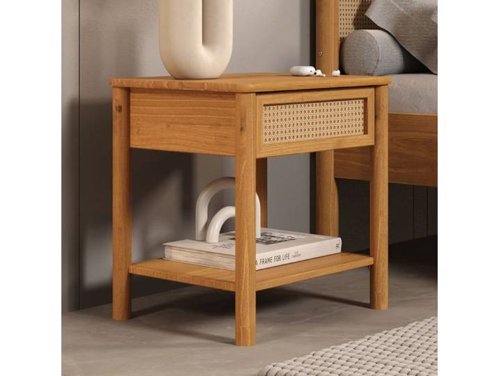 Table de Chevet CEFIRA avec 1 Tiroir en Bois Massif Couleur Chêne Design Élégant en Rotin avec 1 Étagère