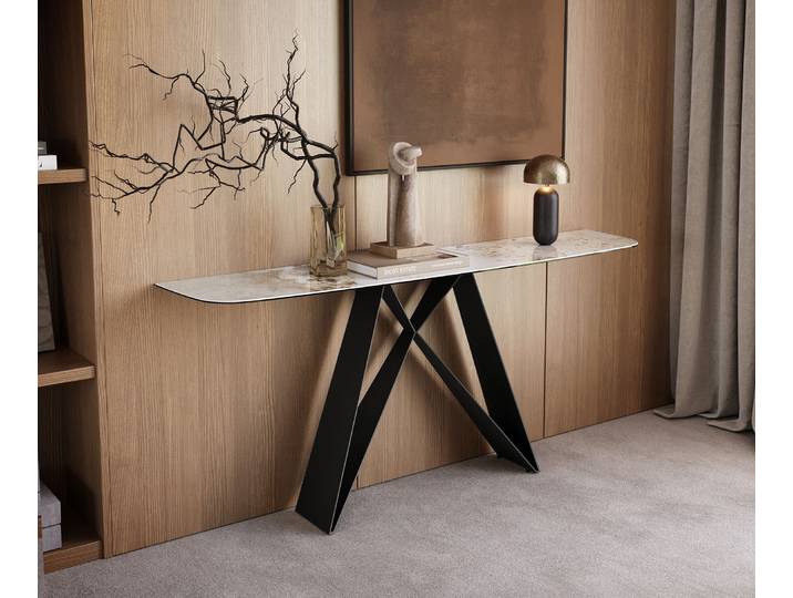 Konsolentisch Edge Boot 180x40 cm Keramik Minas Melange Weiß-Beige Velio Metall Schwarz, Konsolentische