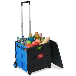 relaxdays Einkaufstrolley klappbar mit Deckel blau, 45.5x99x37.5 cm