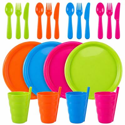 Basicwise 20-pc Reusable Plastic Dinnerware Set for 4 – Microwavable & Dishwasher Safe Assorted Color Plates, Cups, and Cutlery