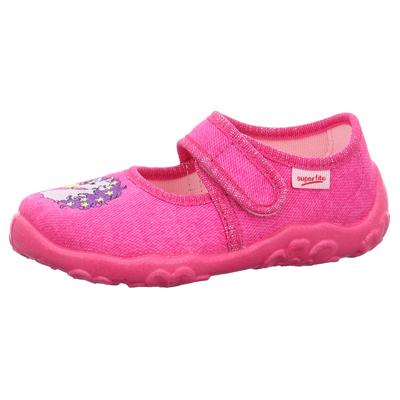 Hausschuh SUPERFIT "BONNY, WMS: mittel", Mädchen, Gr. 23, pink, einhorn, Baumwolle, Glitzer, bestickt, Schuhe Hausschuh, Kindergartenschuh mit Einhorn-Motiv, Größenschablone zum Download