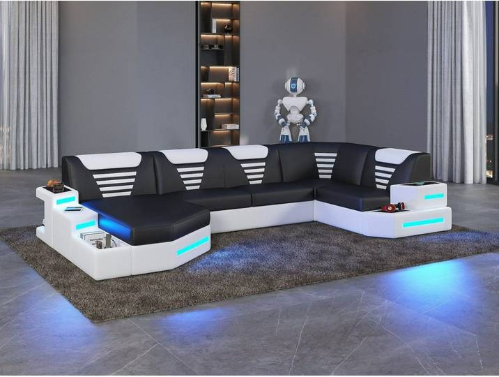 Xlmoebel Wohnlandschaft Eck-Sofa in U-Form mit Ledersitzfläche und LED-Beleuchtung, Eck-Sofa in U-Form, Hergestellt in Europa