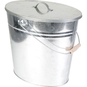 Kamino-Flam Ascheeimer 333258, silber, mit Holzgriff & Deckel, aus Metall, feuerfest, oval, 15 Liter