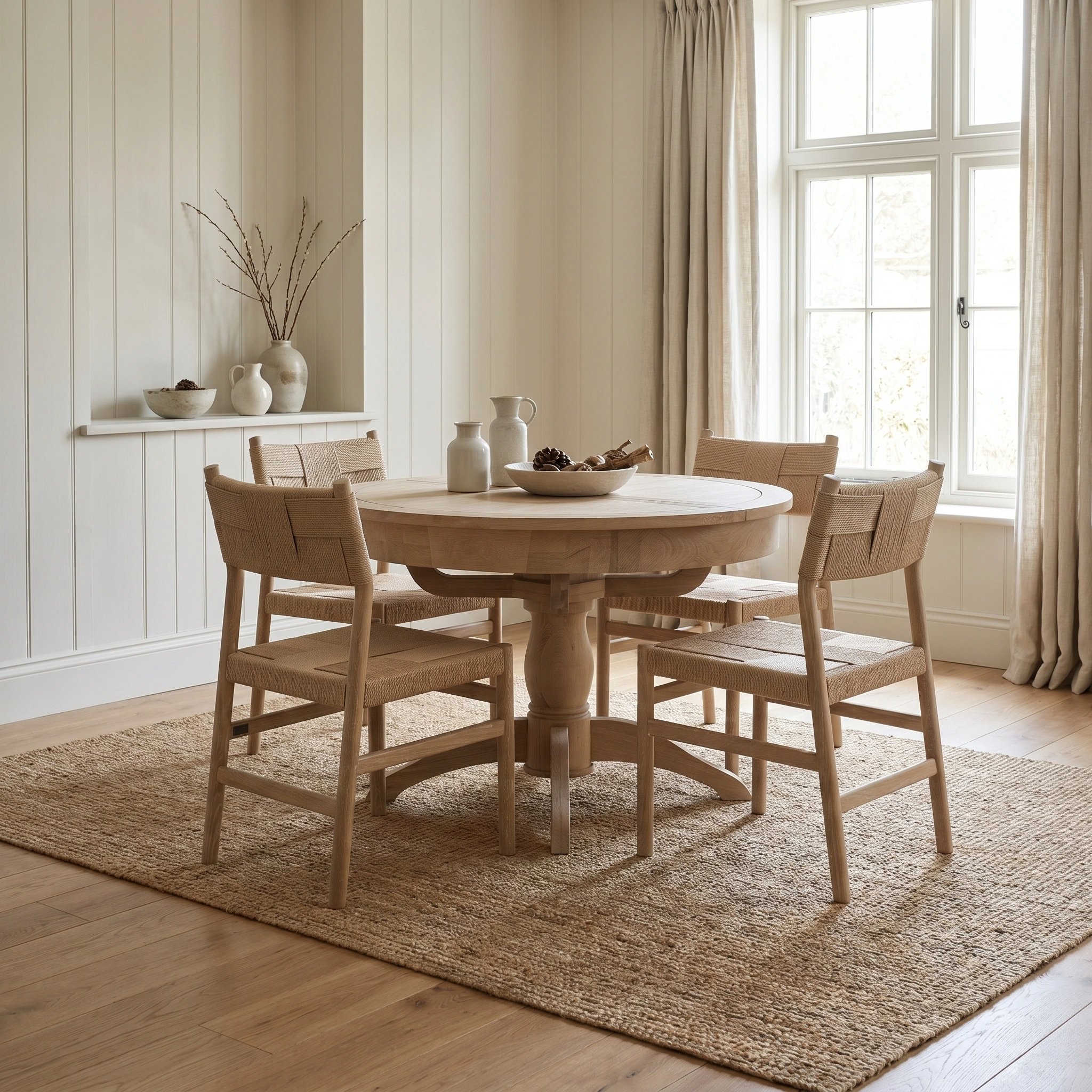Harbour Lifestyle Amberley 4 Seat Round Extending Dining Set with Marlow Woven Dining Chair in Light Oak