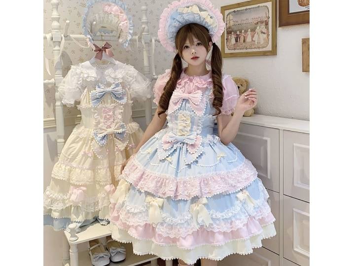 Robe d'été japonaise Kawaii Lolita pour femme, style rétro, mignonne, avec nœud en dentelle, robe de fête, robe de gâteau d'anniversaire, Harajuku Y2K, élégante, à bandages