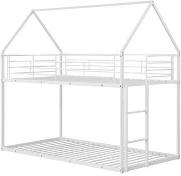Costway Twin Over Twin Metal Bunk Bed with Roof and Ladder-White