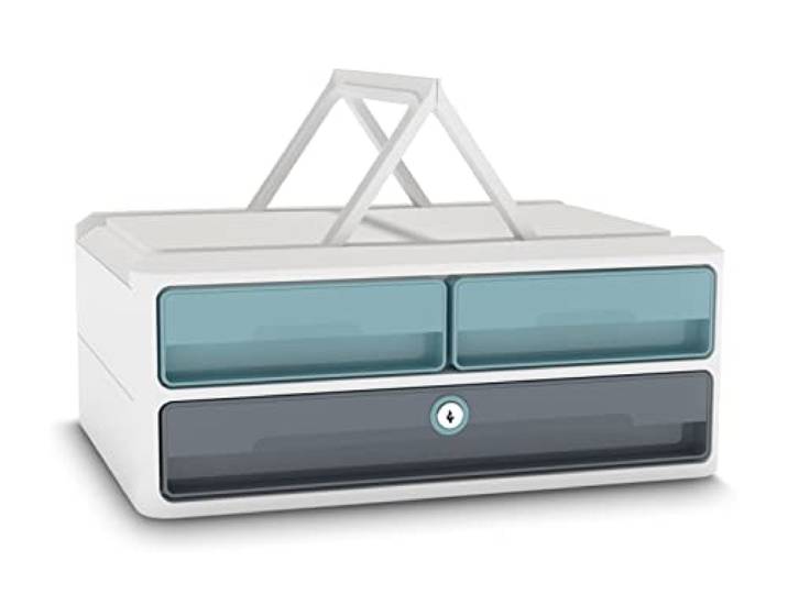 CEP Support d'écran PC ordinateur Module de Rangement 3 Tiroirs avec Serrure verrouillage Réhausseur de moniteur MoovUp Secure Riviera Vert d'Eau Gris