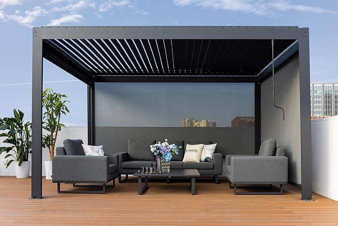 Simpo Lifestyle | Pergola mit Lamellendach Aluminium freistehend | 3x4 M | Lamellendach anthrazit | 1 ZIP-Rollo 4m | 1 ZIP-Rollo 3m | LED |