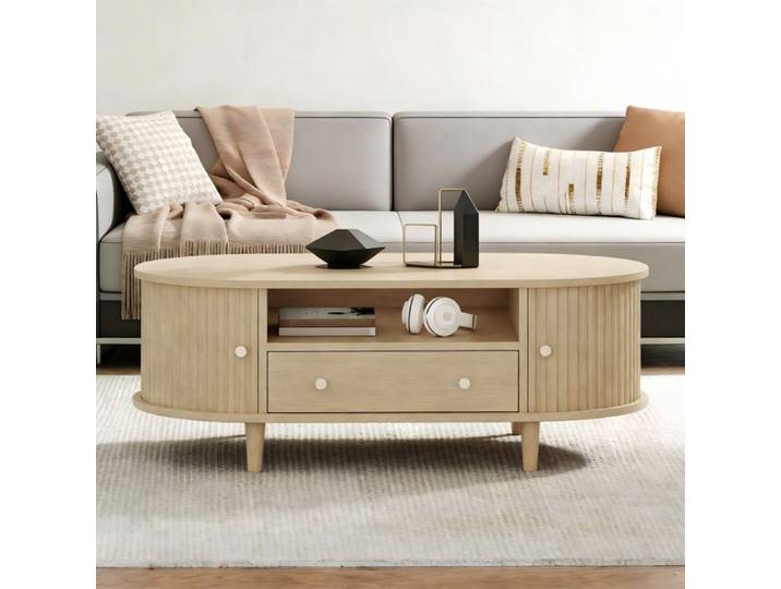 Table basse de salon - 100x50x36 cm - Chêne - MDF - Tiroir intégré - Porte coulissante