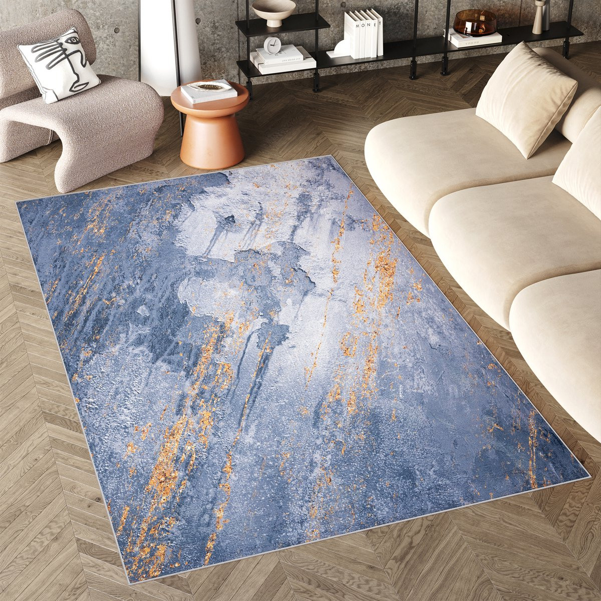 Tapiso Flannel Printed Vloerkleed Blauw Modern Wasbaar Antislip B/D: 120 x 170 cm