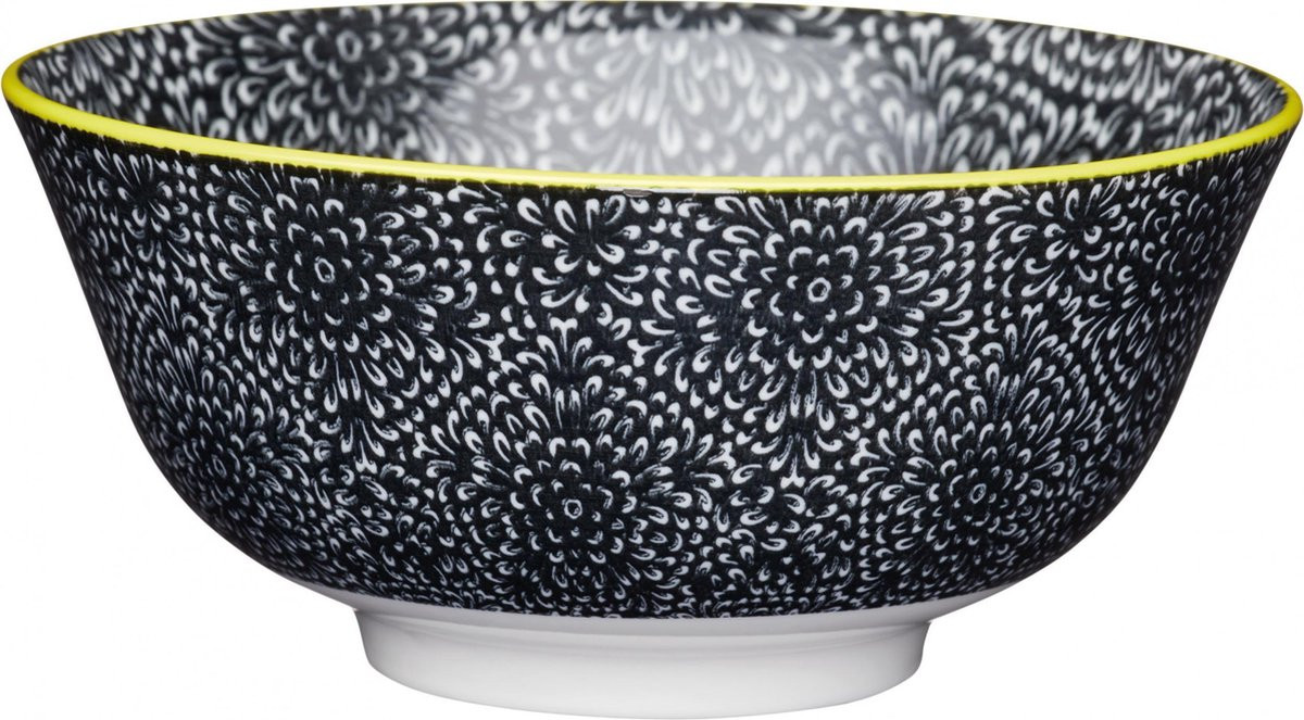 Kitchencraft Kom Black And White Floral Keramiek Zwart 15,7 cm