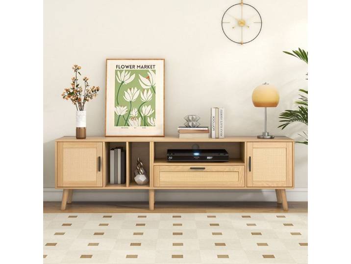 Bladez - Meuble TV en rotin de 180 cm 2 portes et Tiroir pieds en bois massif Approprié un téléviseur de 80 pouces Naturelle