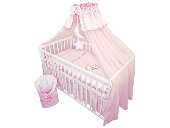 Bello24 - 13 Teiliges Babybett Kinderbett und Bettwäsche komplett Set Timmi inkl. Matratze höhenverstellbar für Neugeborene Babys und Kleinkinder aus Massivholz Bestickt (Teddybär Mond Rosa)