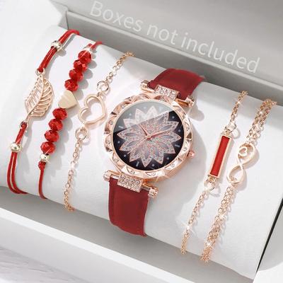 Uplift Essentials 6 Piece Fashion Heart Dial Watch Set Elegant Leather Band & Leaf Bracelet Collection red B