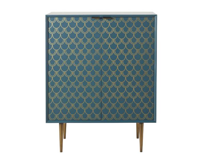 Sideboard mit 2 türkisfarbenen Türen mit goldenen grafischen Motiven, 70 cm