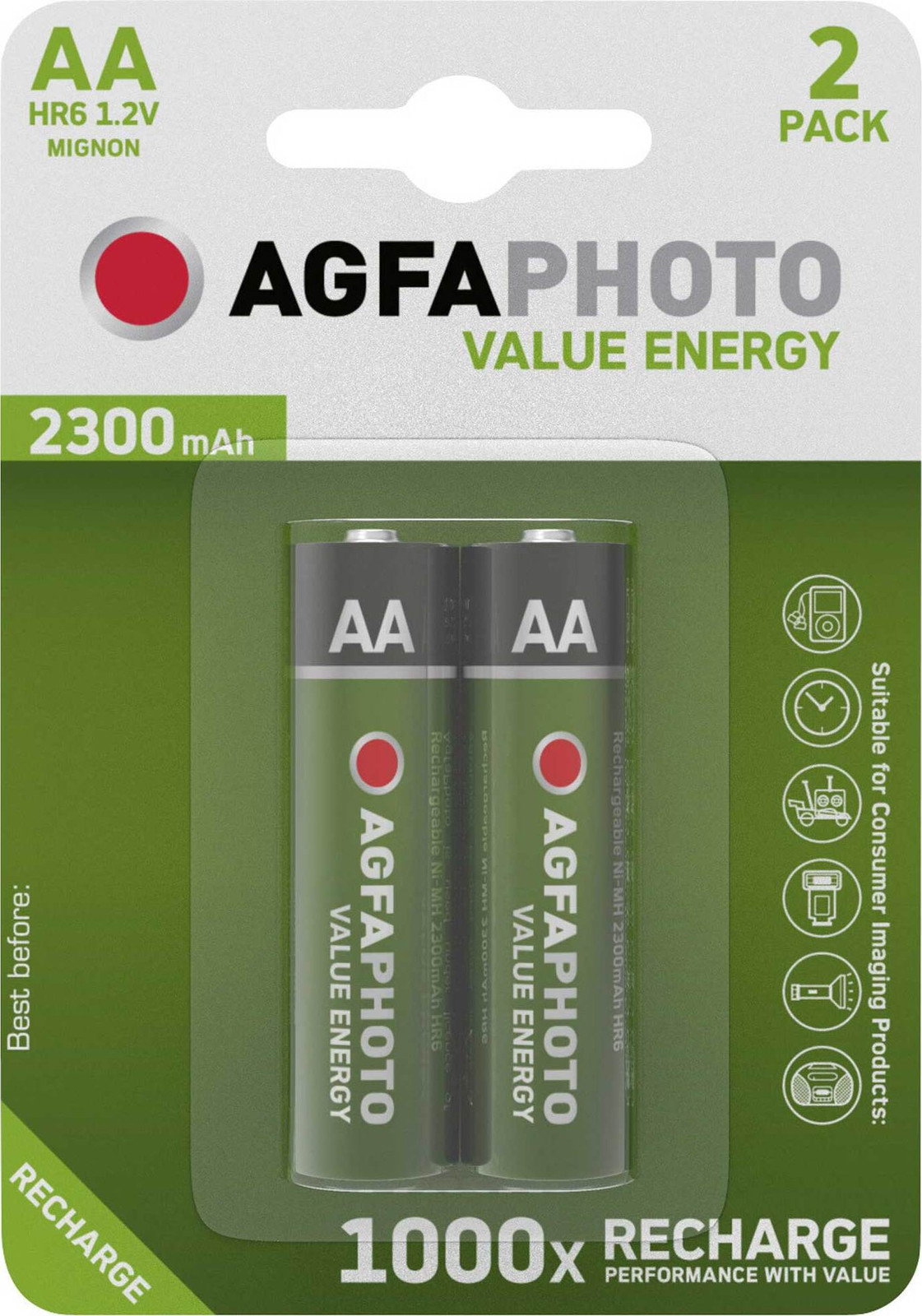 AgfaPhoto Value Energy NiMH batterij, Mignon AA, HR06, 1.2V, 2300 mAh, 2 stuks