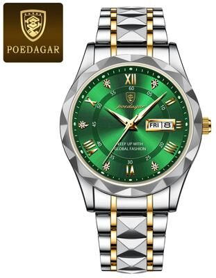 Inspire Select POEDAGAR 615 Luxury Waterproof Stainless Steel Men's Quartz Watch With Luminous Date & Week Display 615 Gold Green