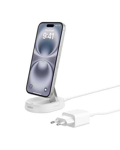 Belkin BoostCharge Pro verstelbare magnetische 15W Qi2 draadloze oplader met 20W USB-C adapter, Wit
