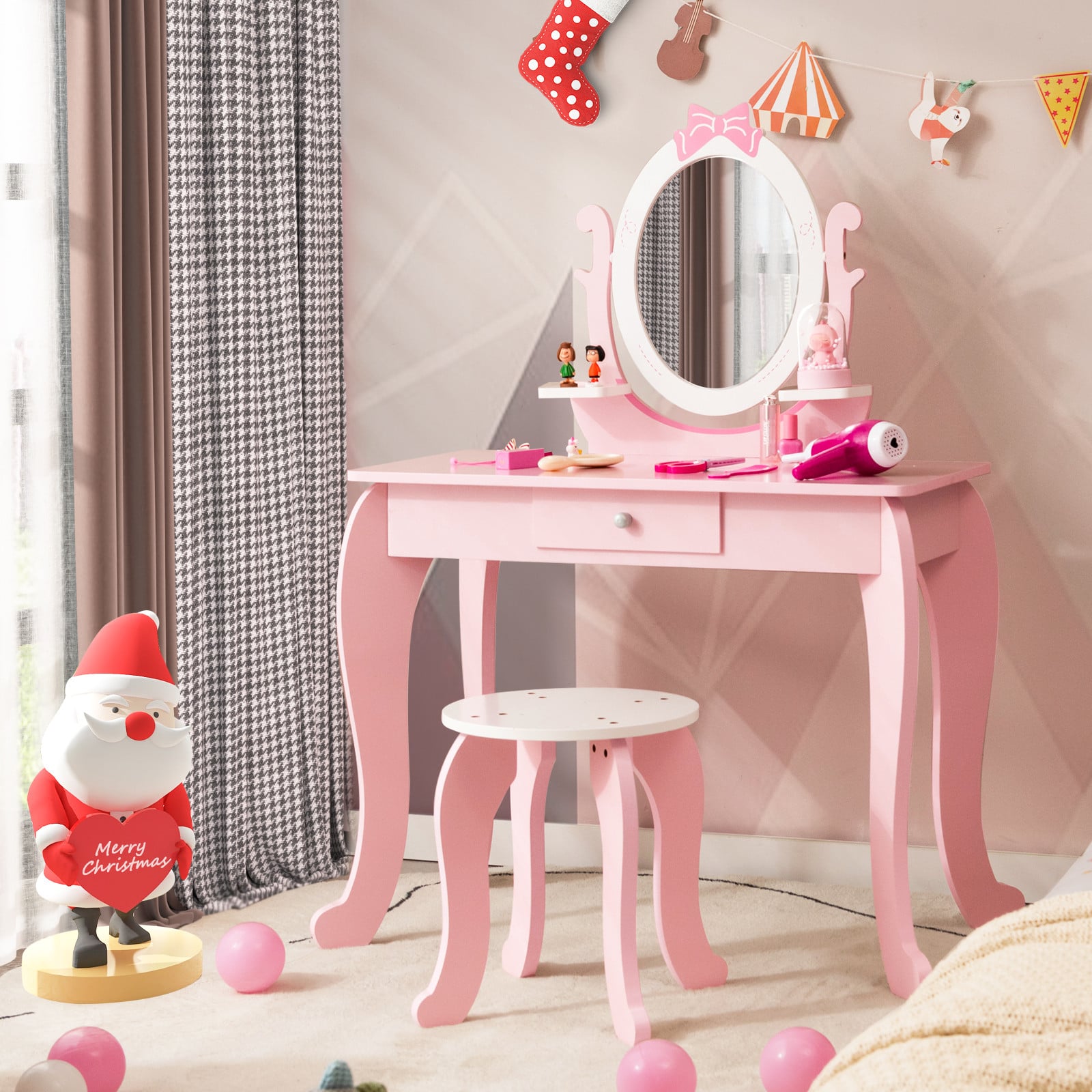 Costway Kinderkaptafel Set met Draaibare Spiegel en Krukje, Roze