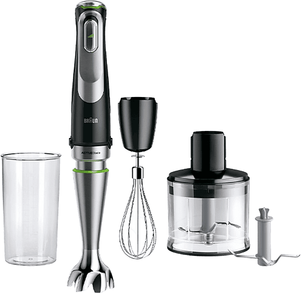 Batidora de mano - Braun Minipimer 9 MultiQuick MQ9135XI, 1200W, Vaso 0.6 l, Active PowerDrive, EasyClick Plus, 3 Accesorios + Picadora, Inox